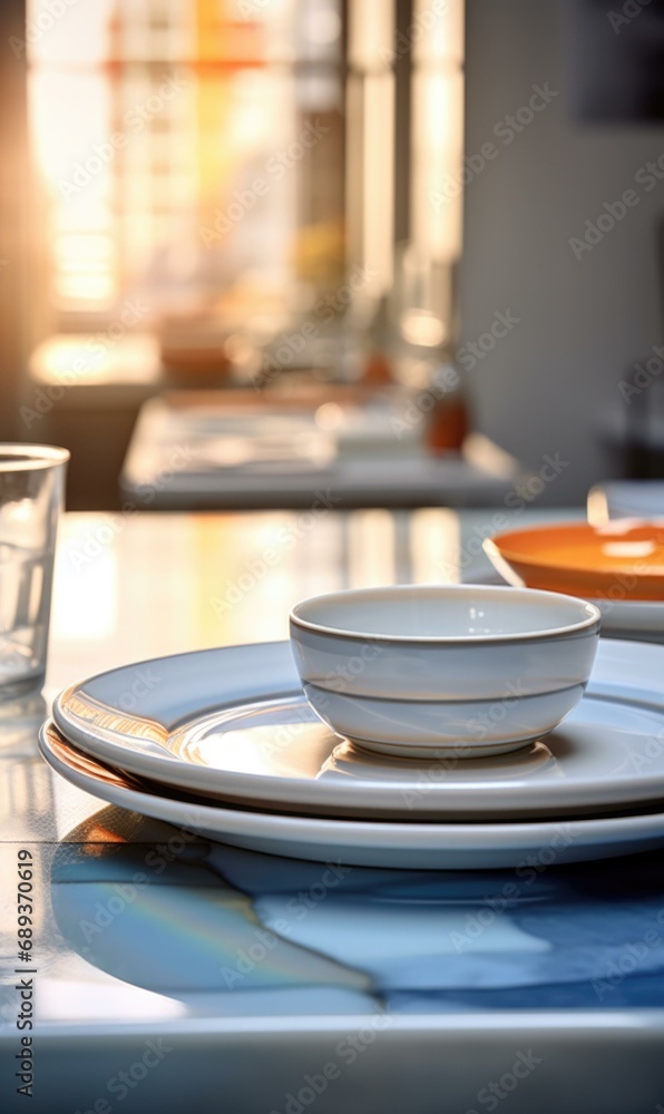 Poster a modern table with a plate and bowl on it. generative ai.