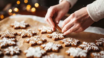 Woman decorates homemade gingerbread cookies with festive icing for Christmas celebration. Generative AI.