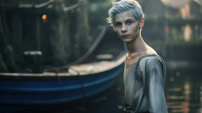 A handsome sea elf with silvery blue hair stands confidently in front of a boat on a medieval city's river dock, showcasing his elegance and beauty. Generative AI.