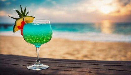 colorful tropical cocktail at the beach on wooden tab

