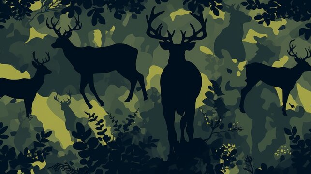 camouflage with deer side silhouette and gesture into the pattern, olive and dark green with navy colour combination, deer in random arrangement in different angle, 16:9