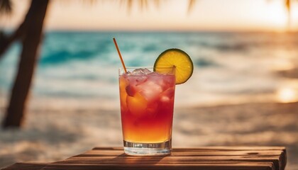 colorful tropical cocktail at the beach on wooden tab

