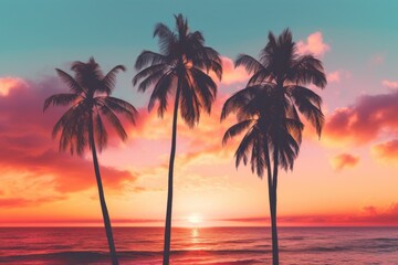 Fototapeta na wymiar palm tree trees on the shore on a turquoise and pink beach background,