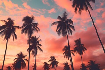 Fototapeta na wymiar palm tree trees on the shore on a turquoise and pink beach background,