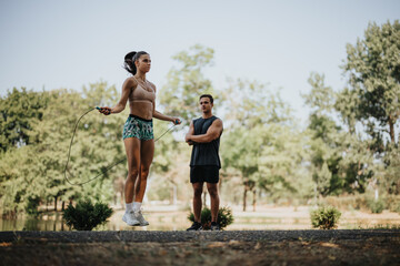 Caucasian couple jumps rope in a sunny park, showcasing their fit bodies and athletic skills. They enjoy outdoor fitness and a healthy lifestyle, engaging in challenging workouts with friends.