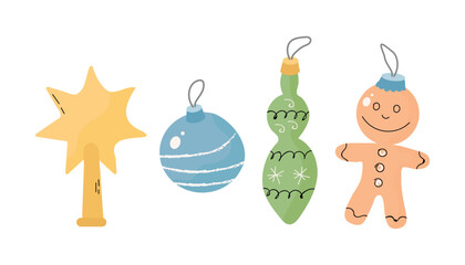 Christmas New Year card with christmas tree decor hand drawn vector illustration