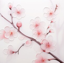 pink blossoming branches with light pink flowers on white background,