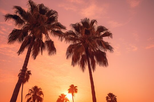palm trees, sunset sky,