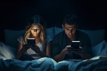 Naklejka premium young couple using their cell phone in bed