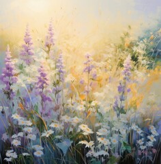 purple, white and blue flowers bloom in the field with sunlight streaming over them,