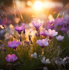 purple wild flowers at the sun set in the grass,