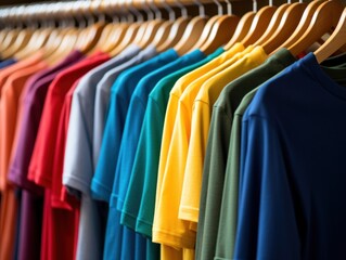 rainbow colored t shirts hanging on a rack in a store,