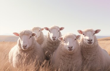 six sheep sitting together in a field,