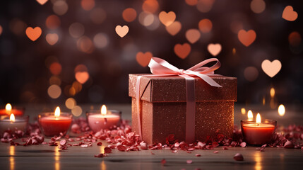 Gift, present, heart bokeh background. Valentine's day, 14 february theme. Love and romance.  - obrazy, fototapety, plakaty