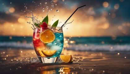 colorful tropical cocktail at the seaside, exploding ingredients, splashing and droplets 

