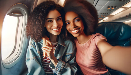 African American females capturing selfies on airplane - Powered by Adobe