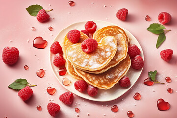 Heart shaped pancakes with raspberries  for St. Valentine's Day. - obrazy, fototapety, plakaty