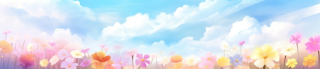 Fototapeta na wymiar sun shining in the sky with flowers and blue sky,