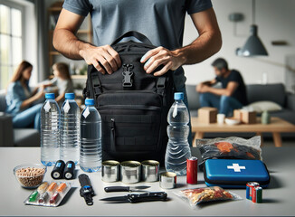 Hands pack a emergency kit or go bag is useful to hold all items useful for survival such as water,food,flashlight, first aid kit .During a disaster such as a wildfire a person can grab the bag and go - obrazy, fototapety, plakaty