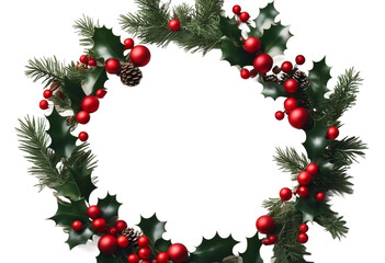 Fototapeta na wymiar Cute Christmas wreath made of holly branches and berries against transparent background