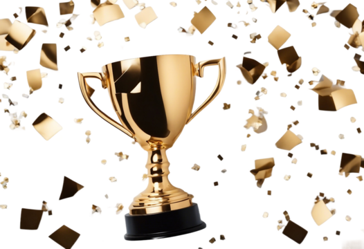 Trophy and confetti on transparent background top view with space for text