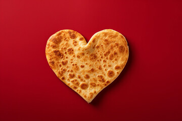 Roti or Ruti in shape of a heart. St. Valentine's day background. Vibrant red background. Space for text.