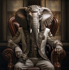 the elephant mask is sitting on a chair,