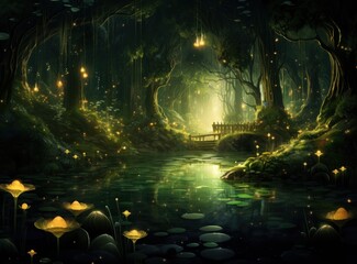 Naklejka premium the background contains golden fairy lights and trees,