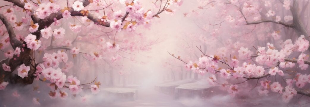 the pink blossoms of cherry trees are in motion,