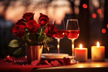 Bouquet of red roses on romantic dinner table with two wine glasses and lit candles at evening background