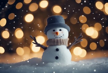 Fototapeta premium Cute snowman in the silent night with blurred lights in background