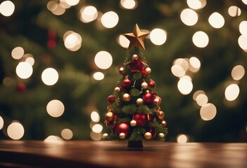 Fototapeta na wymiar Cute miniature Christmas tree with blurred bokeh lights on Christmas tree in the background
