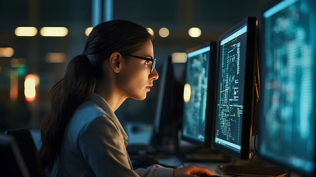 female developer, engrossed in coding on several high-resolution screens in a bustling tech startup environment. The glow of the screens illuminates her concentration and dedication. generative AI