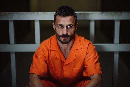man in his orange prisoner uniform sitting on a prison bench