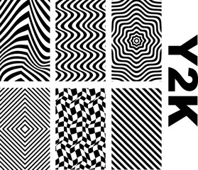 
Abstract rave psychedelic set in the fashionable style of the 2000s. Black and white retro futuristic shapes, wireframe and perspective grids on white background, eps 10