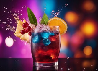 colorful tropical cocktail at the seaside, exploding ingredients, splashing and droplets 


