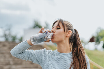 Girl drinking water, refreshing herself after hardcore training at the park.