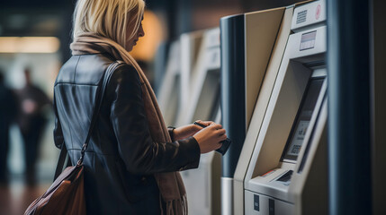Une femme qui utilise un distributeur automatique de billets (DAB) dans un lieu public. - obrazy, fototapety, plakaty