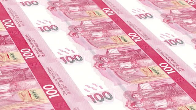 Hong Kong Hong Kong Dollar 100 Banknotes Money Printing House, Printing One Hundred Hong Kong Dollar, Printing Press Machine Print out Hong Kong Dollar, Being printed by currency press machine 100 