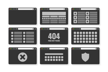 Web browser window, pages layout with toolbar and search field. Modern website, internet page in flat style. Browser mockup for computer, tablet and smartphone. Adaptive UI. Vector illustration