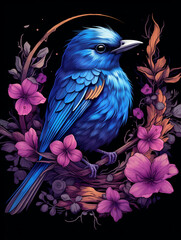 bird on blue and purple foliage, in the style of hyper-realistic animal illustrations created with Generative Ai