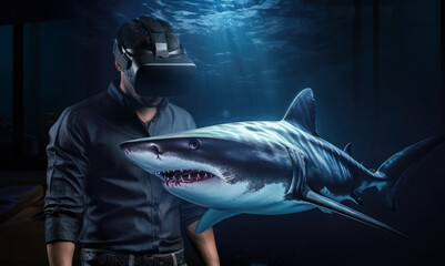 Man viewing 3D shark with an AR headset