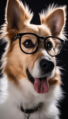 Portrait of a shaggy dog with tongue sticking out with glasses on a black background