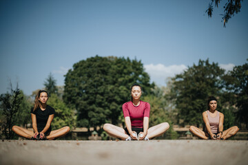 Active fit girls exercise outdoors, stretching and enjoying the sunny day in the city park. They embody a positive atmosphere and a healthy lifestyle.