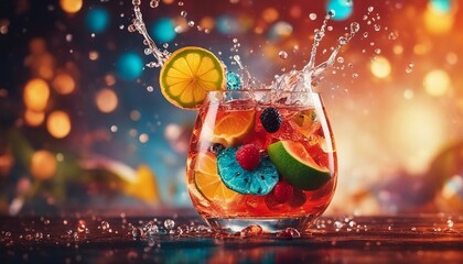 colorful tropical cocktail, exploding ingredients - obrazy, fototapety, plakaty