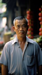 Fototapeta premium Old Chinese rural man, dressed simply, looking at the camera, in a small rural courtyard