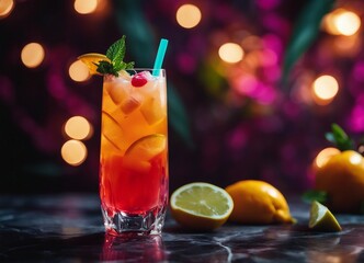 colorful tropical cocktail, on dark marble background

