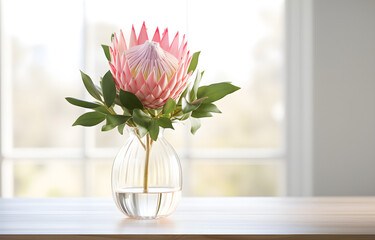 protea flower in glass vase on white wooden table