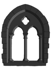 Gothic window plate tracery stylized drawing. Architectural stone engraving; european medieval cathedral/church frame illustration