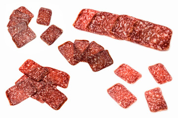 Thin sliced  sausage isolated on white background.